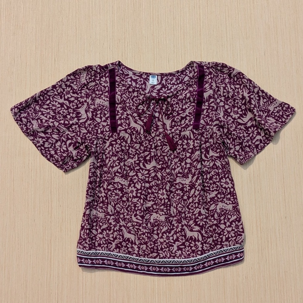 Old Navy Boho Cottage Woodland Animal Print Bell Sleeve Blouse Women's XS